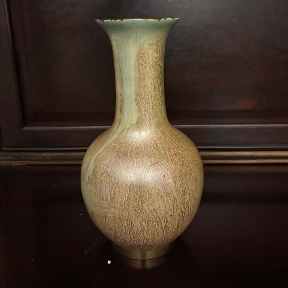 Unique Green & Brown Mottled Glaze brass Art Vase